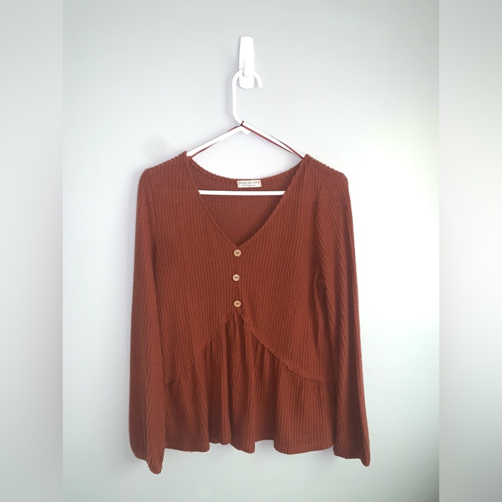 Paper crane waffle knit long sleeve top. Copper orange, size small, no damage.
